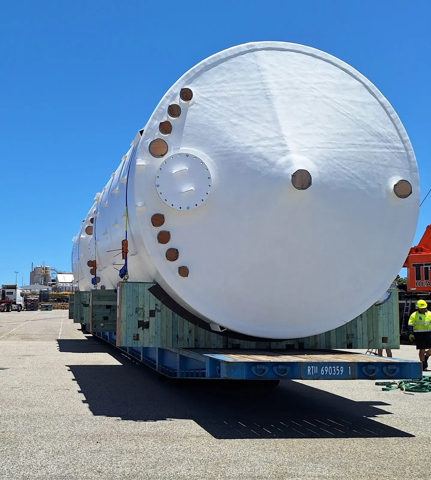 Large horizontal FRP sodium hypochlorite tanks leaving for Lytton, QLD