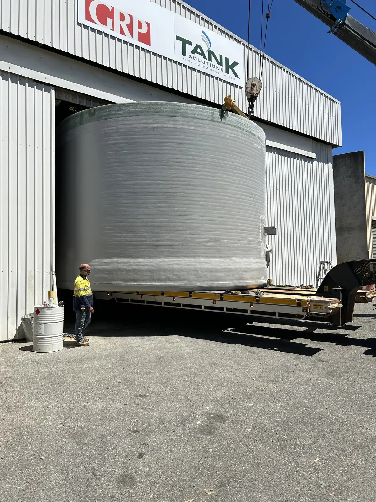 Large FRP chemical storage tank leaving the GRP Tank Solutions factory in WA